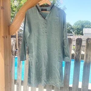 VTG Indian Cotton Tunic Boho Smock Dress Sz Large Sea-Green Long Sleeve‎